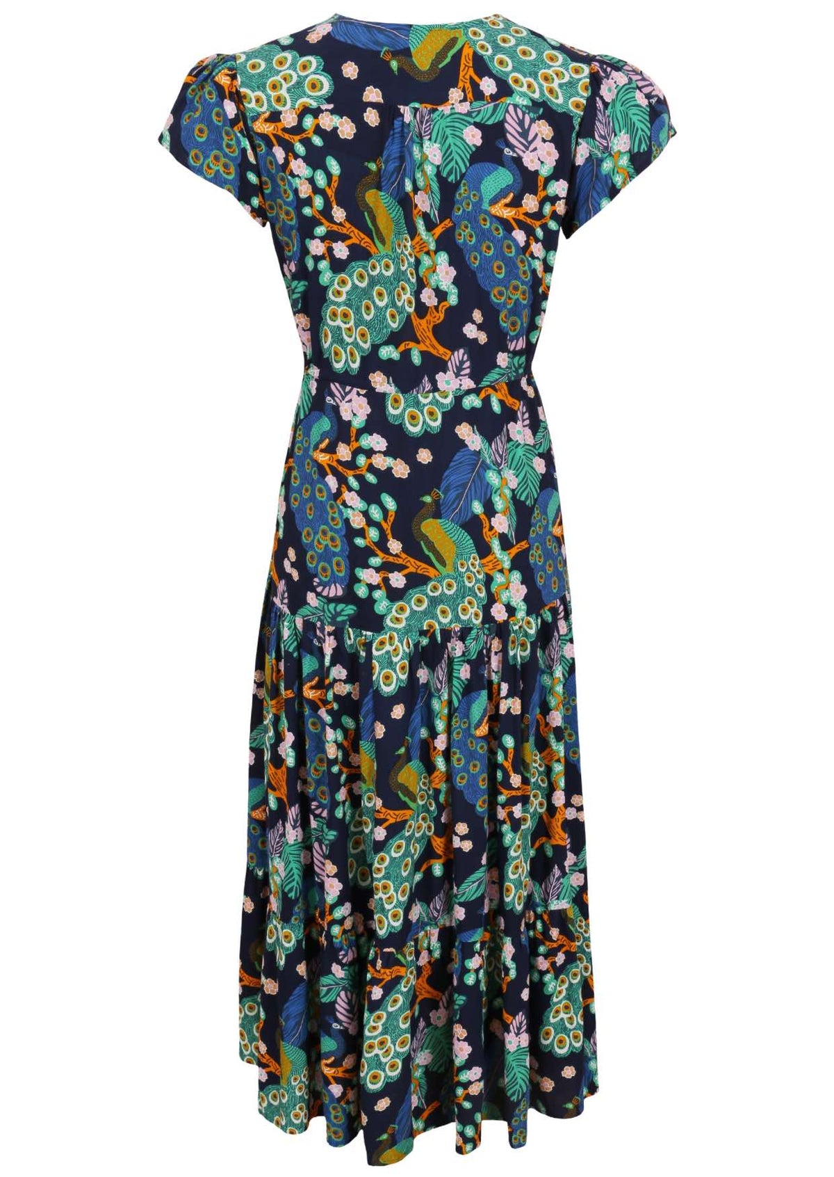 Back view of a rayon maxi dress with generous skirt and cap tulip sleeves in a peacock print