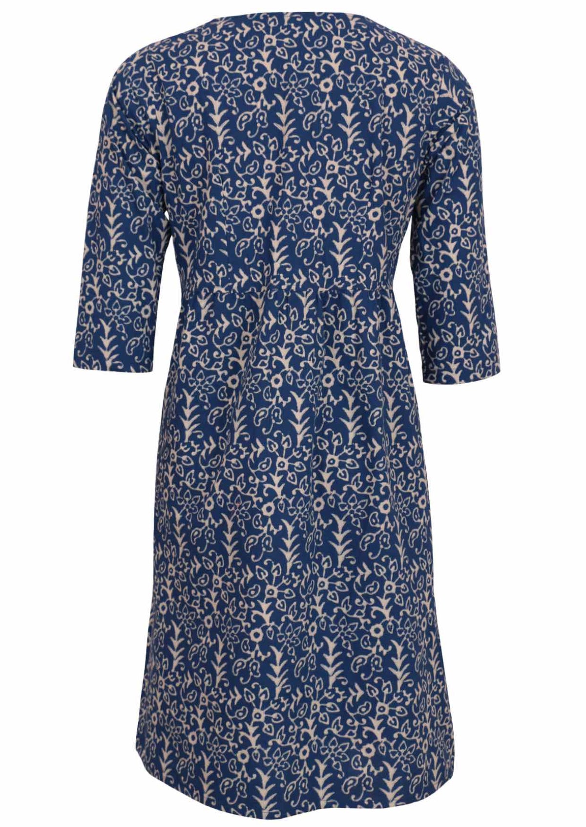 Back mannequin photo of 3/4 sleeve cotton dress that sits over knee