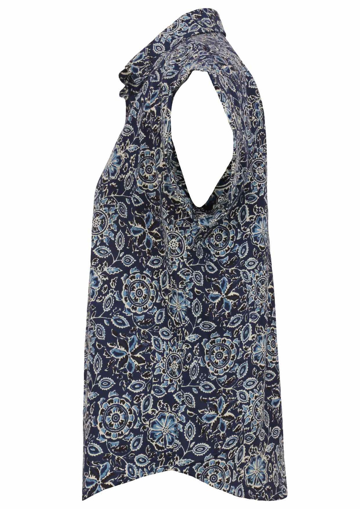 Side view of loose fit shirt style cotton top with collar in navy blue based floral print