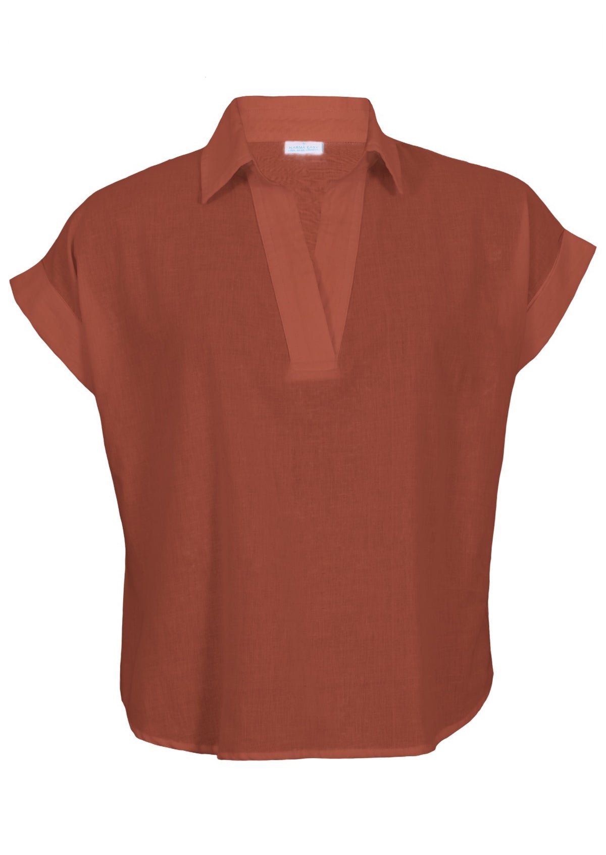 Loose cut 100% cotton top with short folded cuff sleeves, V neckline and a collar