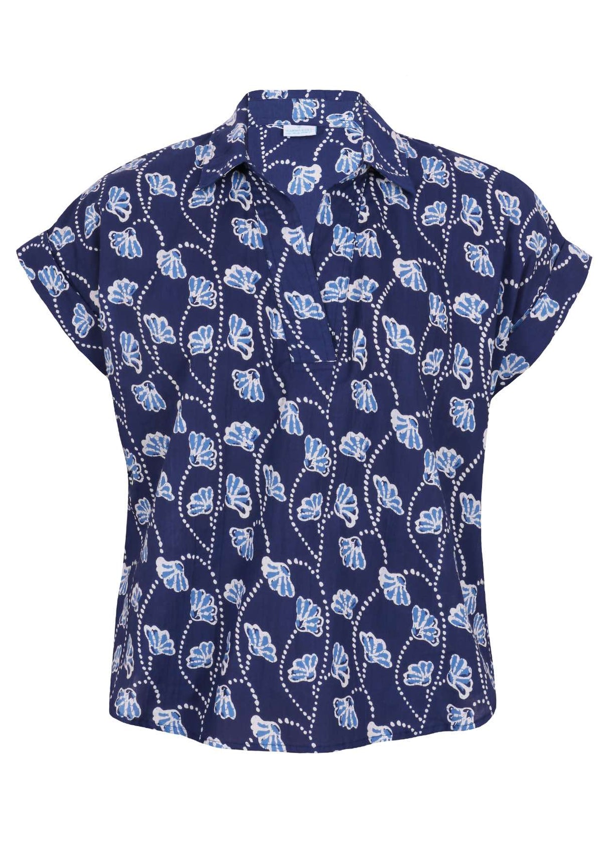 100% cotton floral printed relaxed fit cotton top with collar and short folded cuff sleeves