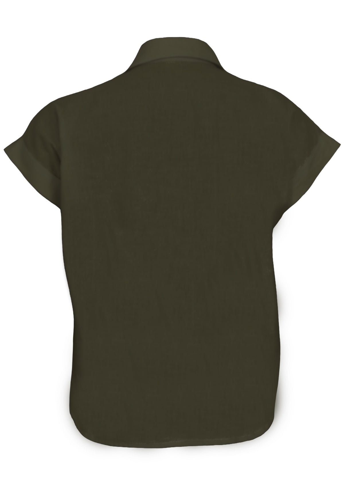 Back view of shirt style cotton top in olive green with structured collar and short sleeves