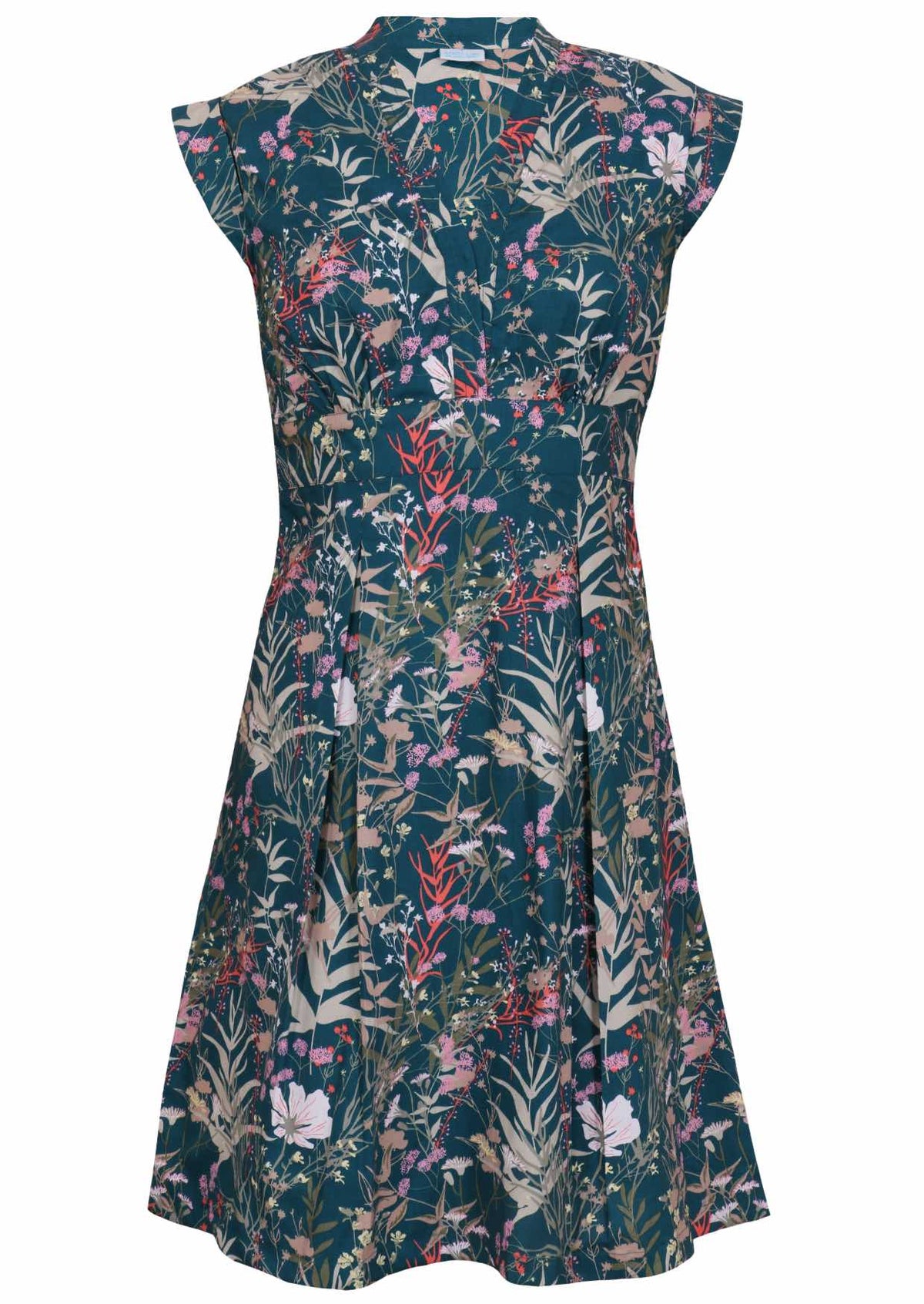 100% cotton retro style knee length dress with box pleats, cap sleeves and V neckline.