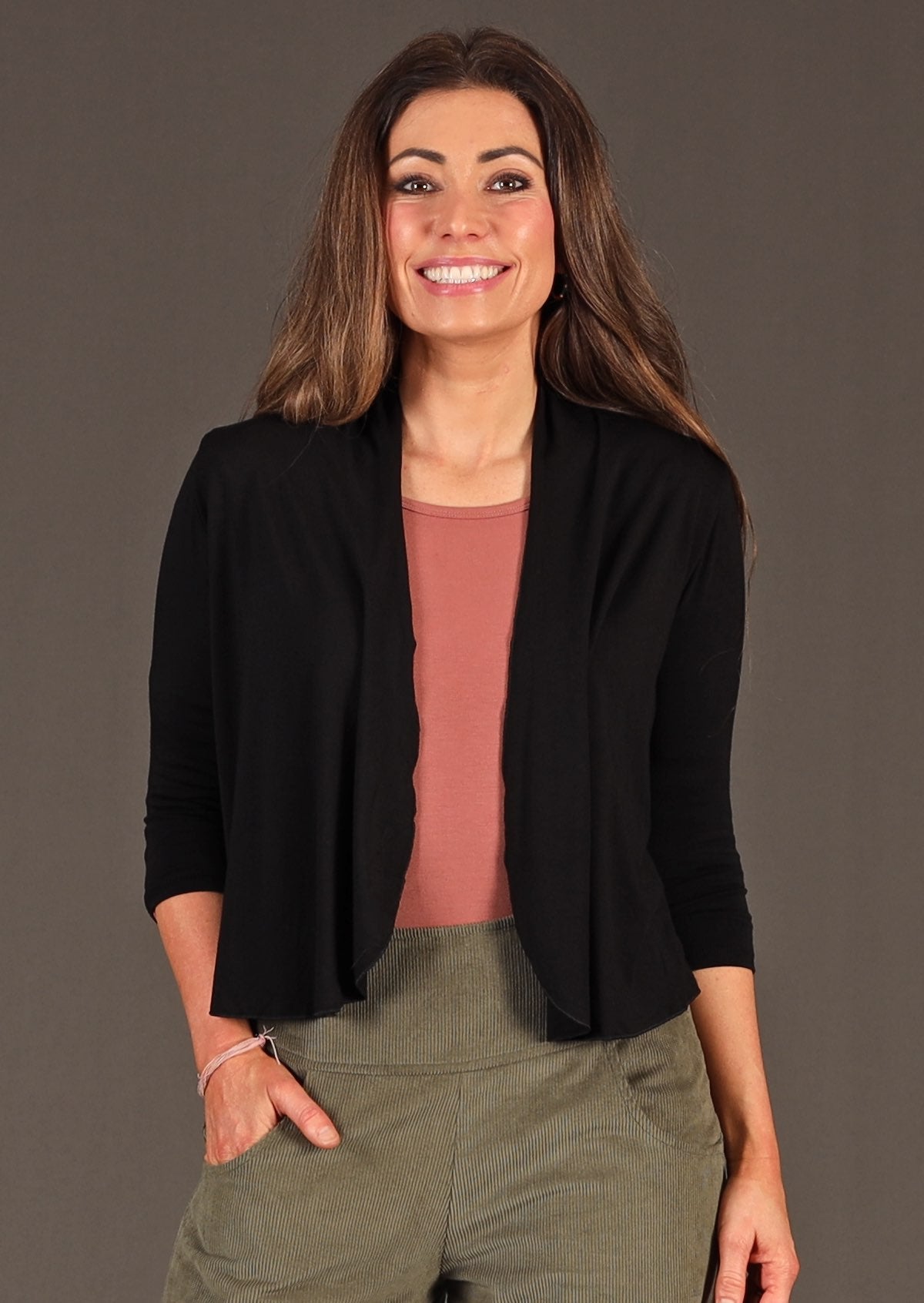 Bolero Cardi. open drape front 3/4 sleeve sits at waist length soft stretch rayon black | Karma East Australia
