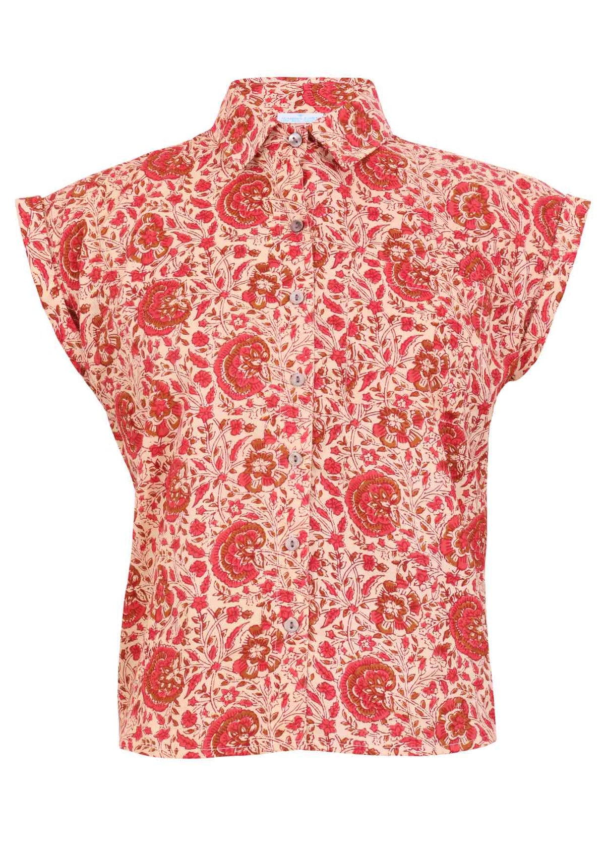 Cream based warm floral print cotton shirt on a mannequin against a white background