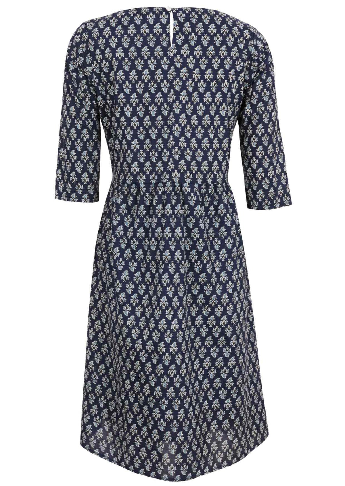 Below knee length 100% cotton dress in navy blue based floral print with 3/4 sleeves and keyhole button closure at the back.