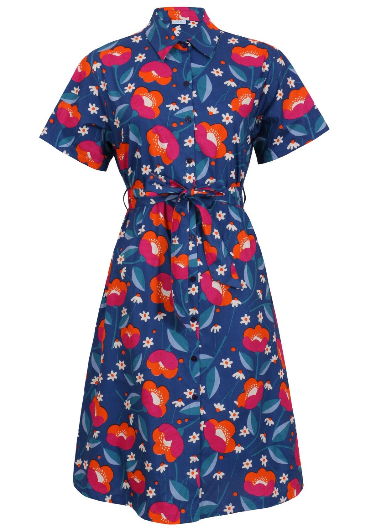 Button through shirt style cotton dress with collar, short sleeves and fabric waist tie