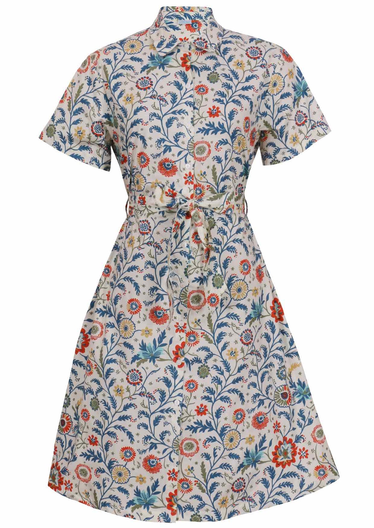 Button through shirt style cotton dress with collar, short sleeves and fabric waist tie
