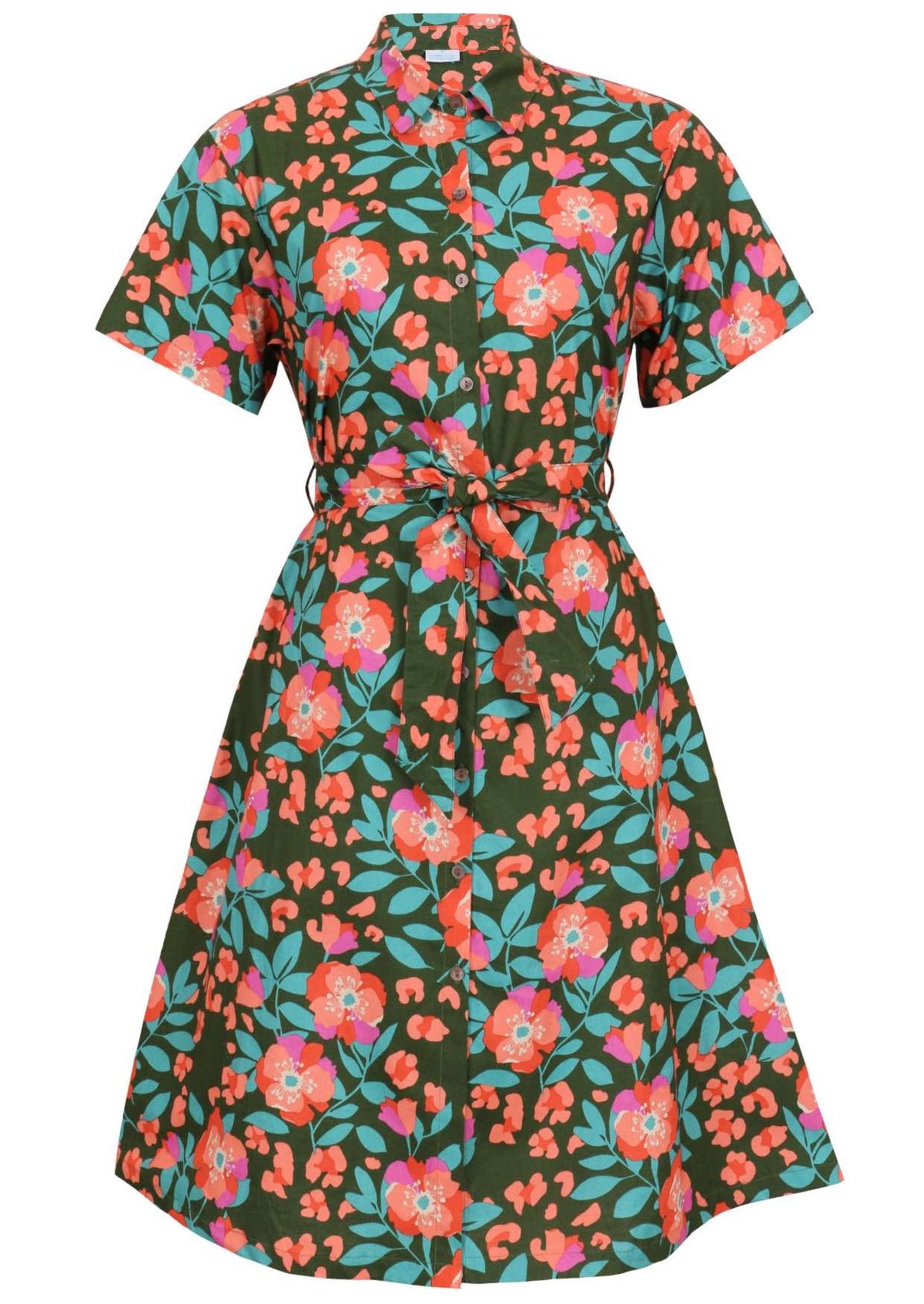 Button through shirt style cotton dress with collar, short sleeves and fabric waist tie