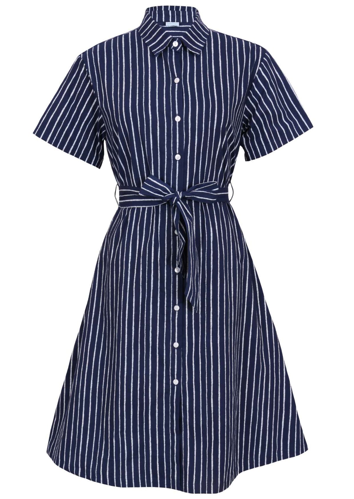 Button through shirt style cotton dress with collar, short sleeves and fabric waist tie