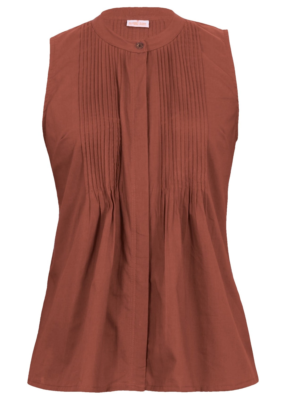 100% cotton sleeveless top in rusty shade with decorative pleats, mandarin collar and button