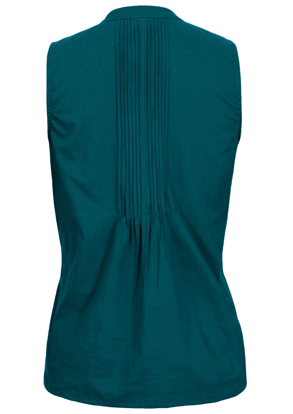 Back view of 100% cotton sleeveless top with mandarin collar and tiny decorative pleats in the centre of the back