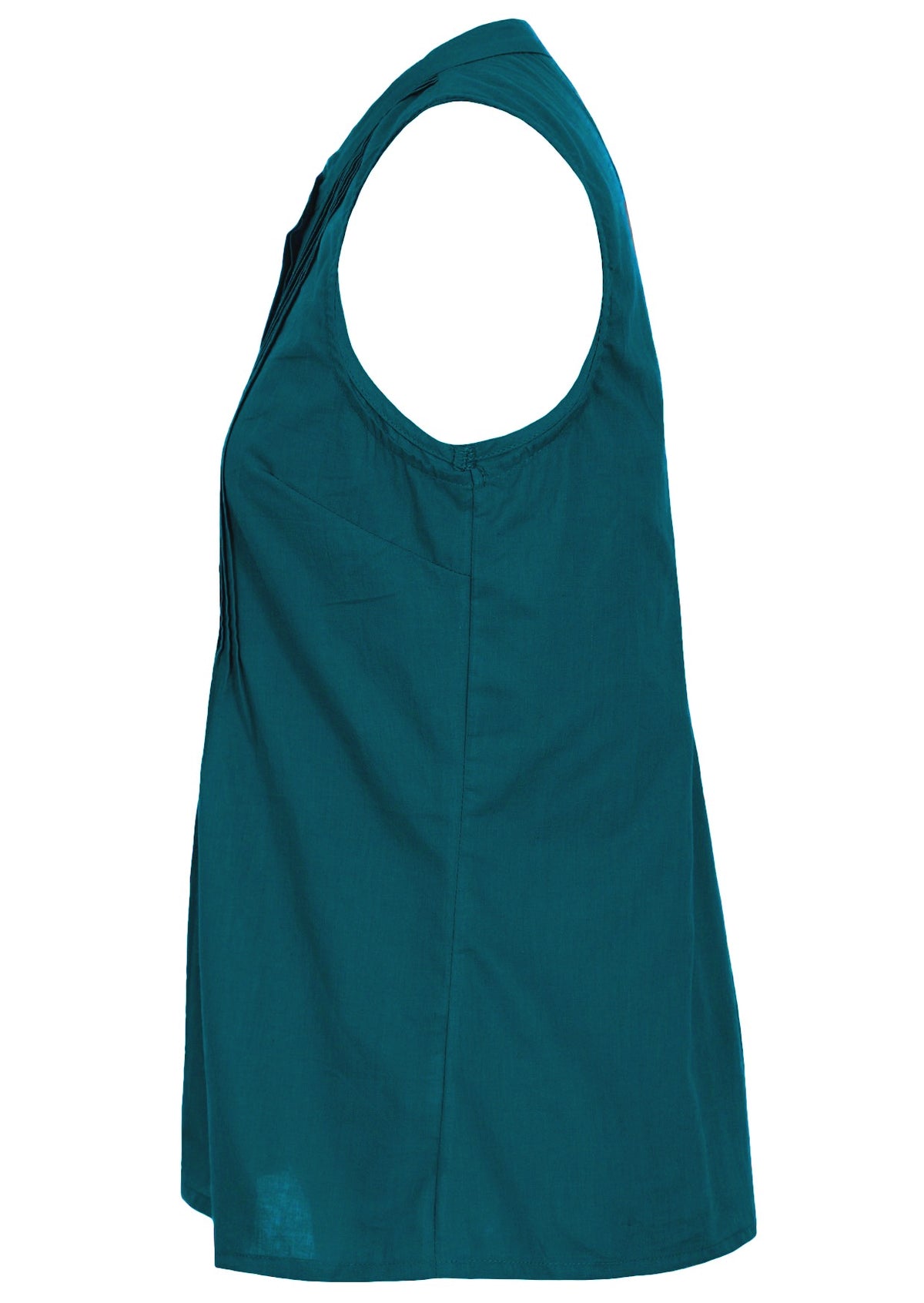 Deep teal sleeveless cotton top with tiny decorative pleats, mandarin collar and flared fit below the bust