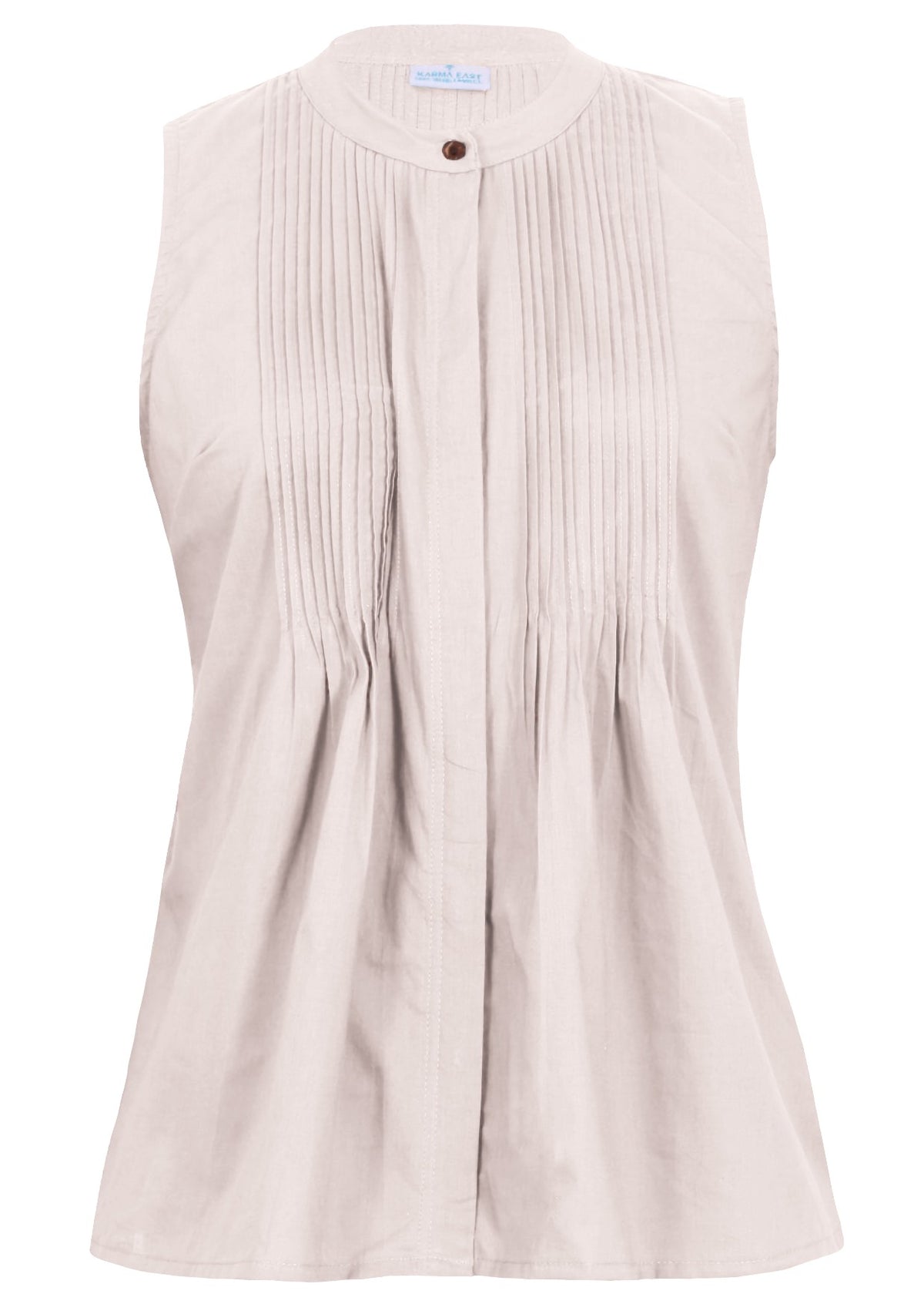 Sleeveless 100% cotton top in natural white with tiny decorative pleats, mandarin collar and a button