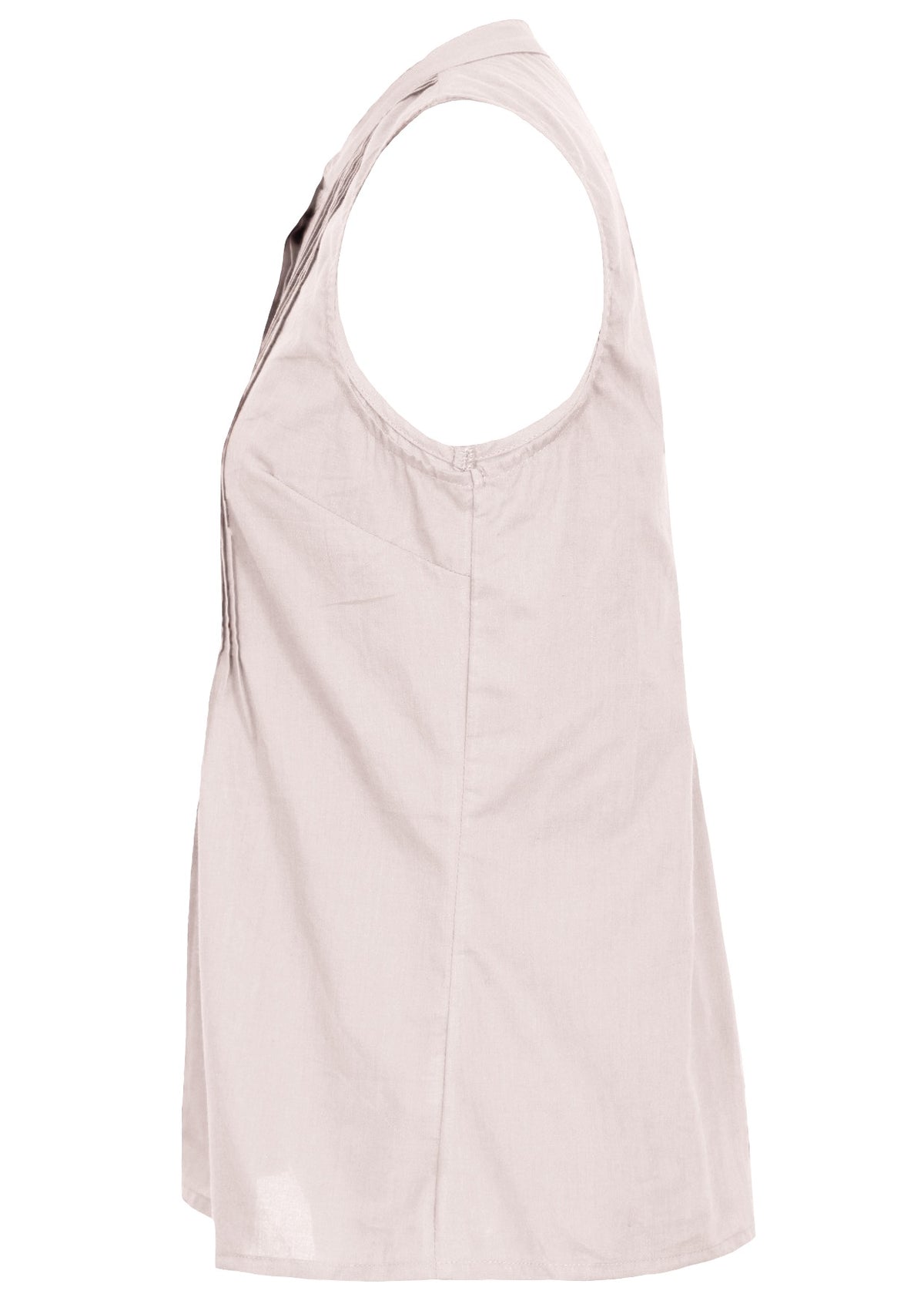 Side view of cotton sleeveless white top with high round neckline and flare below the bust
