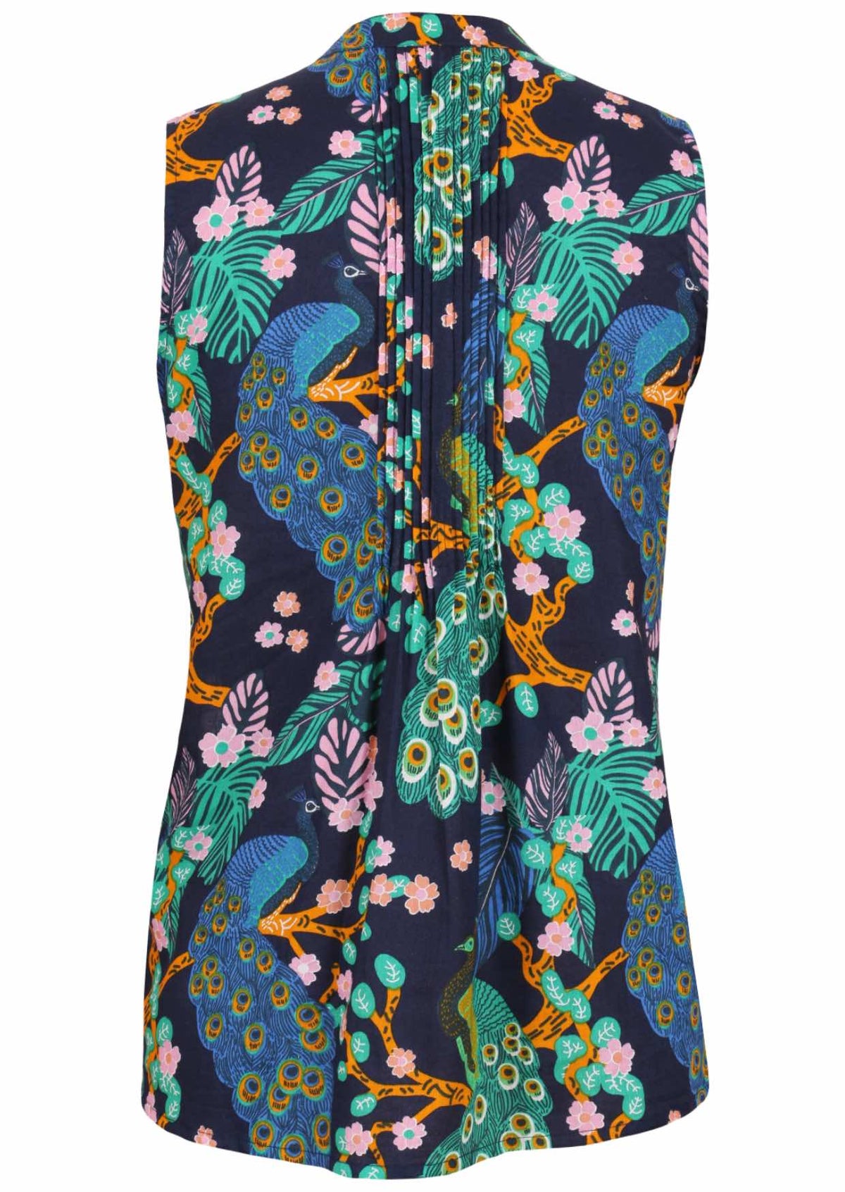 Back view of navy based floral print sleeveless top with flared hem and vertical decorative pleats at the center of the back