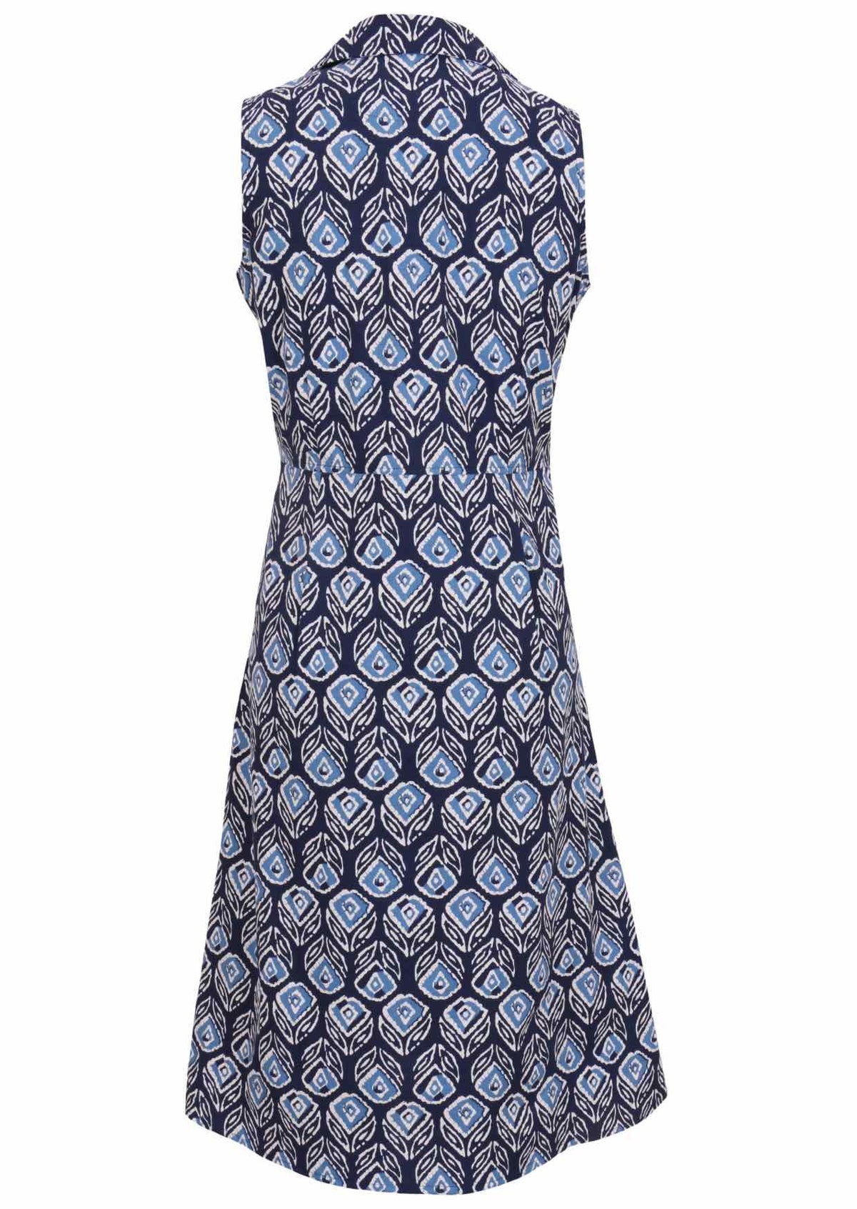 Back view of 100% cotton midi length, sleeveless collared dress with pockets, a-line skirt and button through front