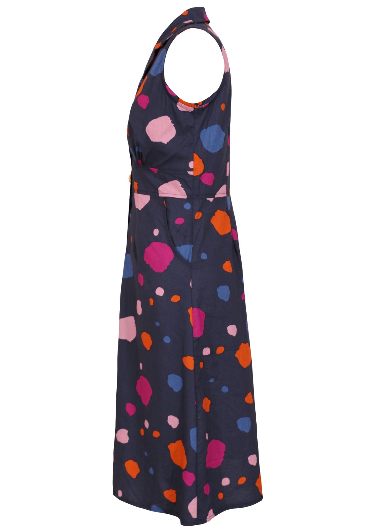 Side image of midi length cotton dress with pockets and collar