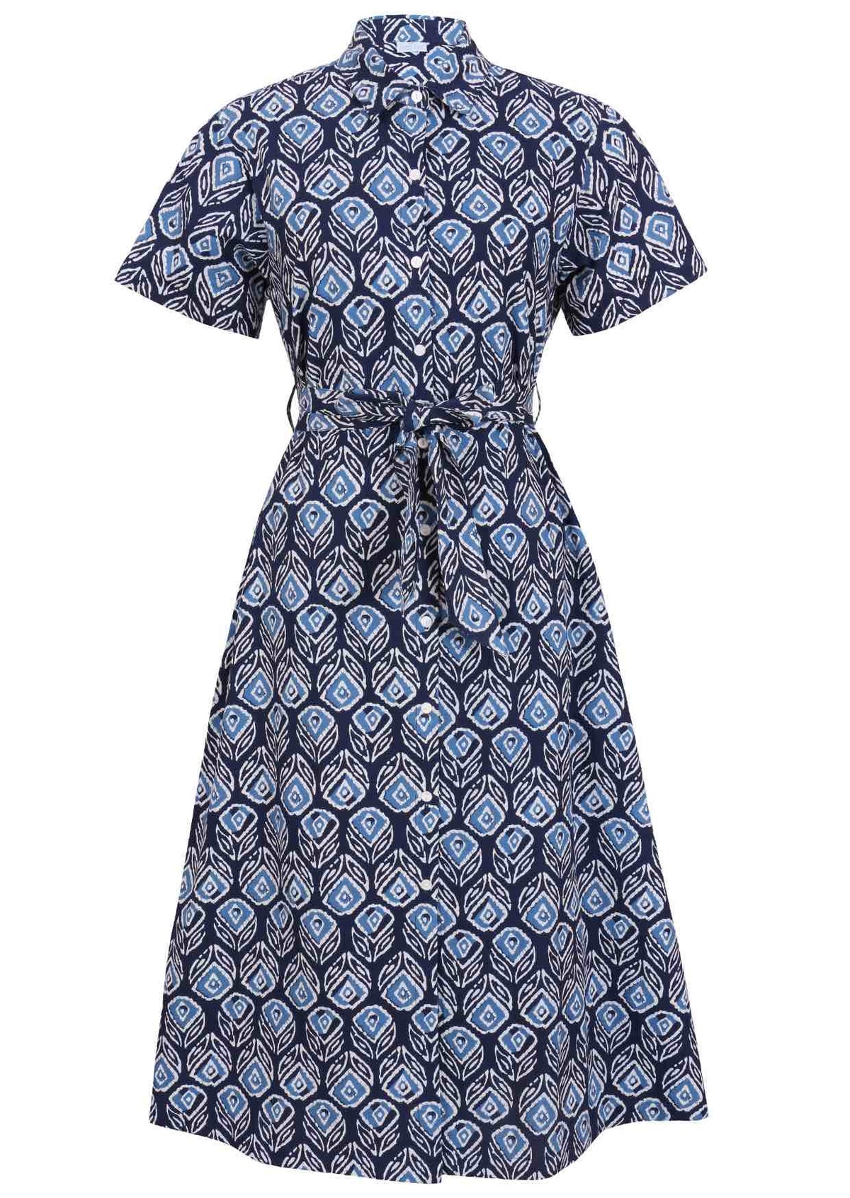 Button through shirt style cotton dress with collar, short sleeves and fabric waist tie