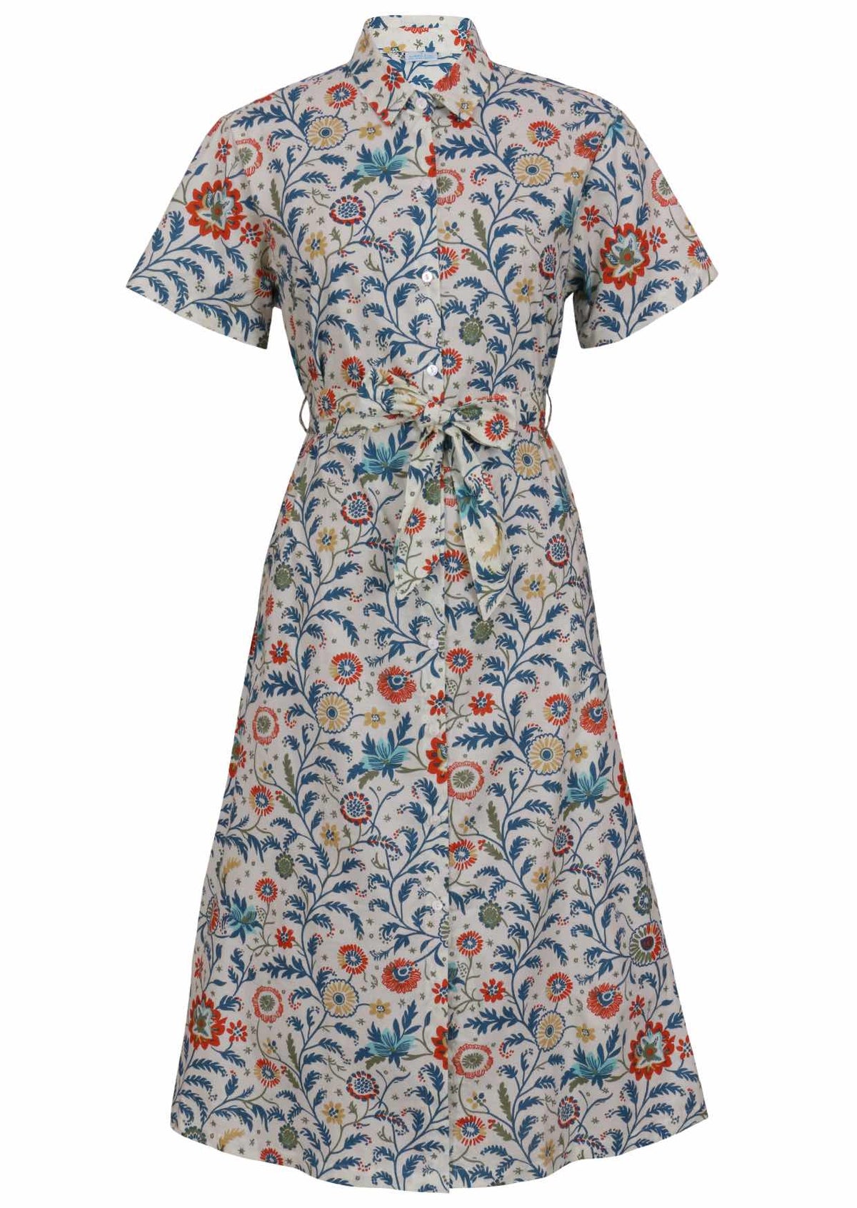 Button through shirt style cotton dress with collar, short sleeves and fabric waist tie