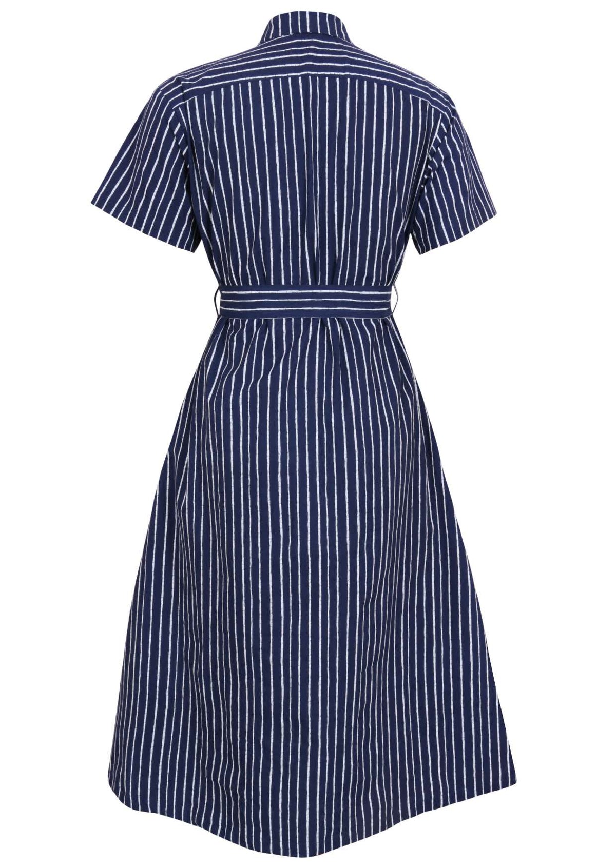 Button through cotton shirt dress with short sleeves, pockets and structured collar
