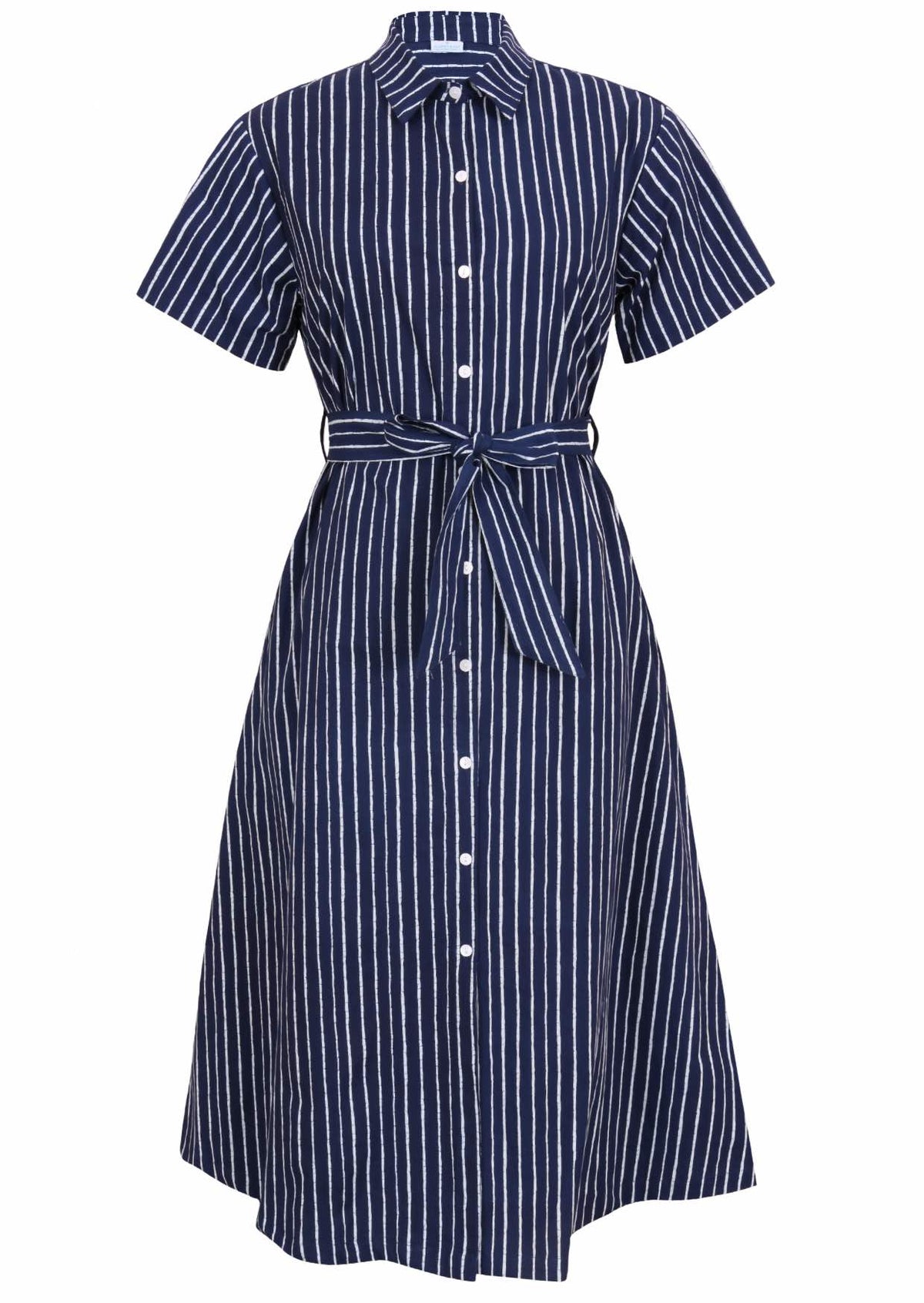 Button through shirt style cotton dress with collar, short sleeves and fabric waist tie
