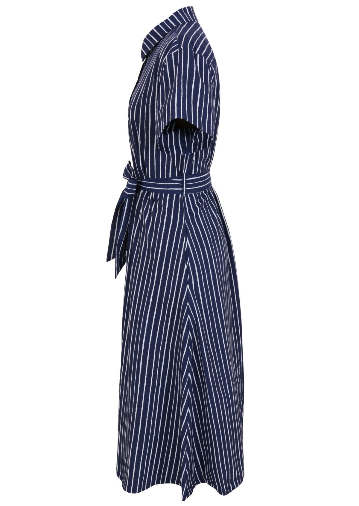 100% cotton shirt style maxi dress with removable fabric waist tie and side pockets in a navy blue based print