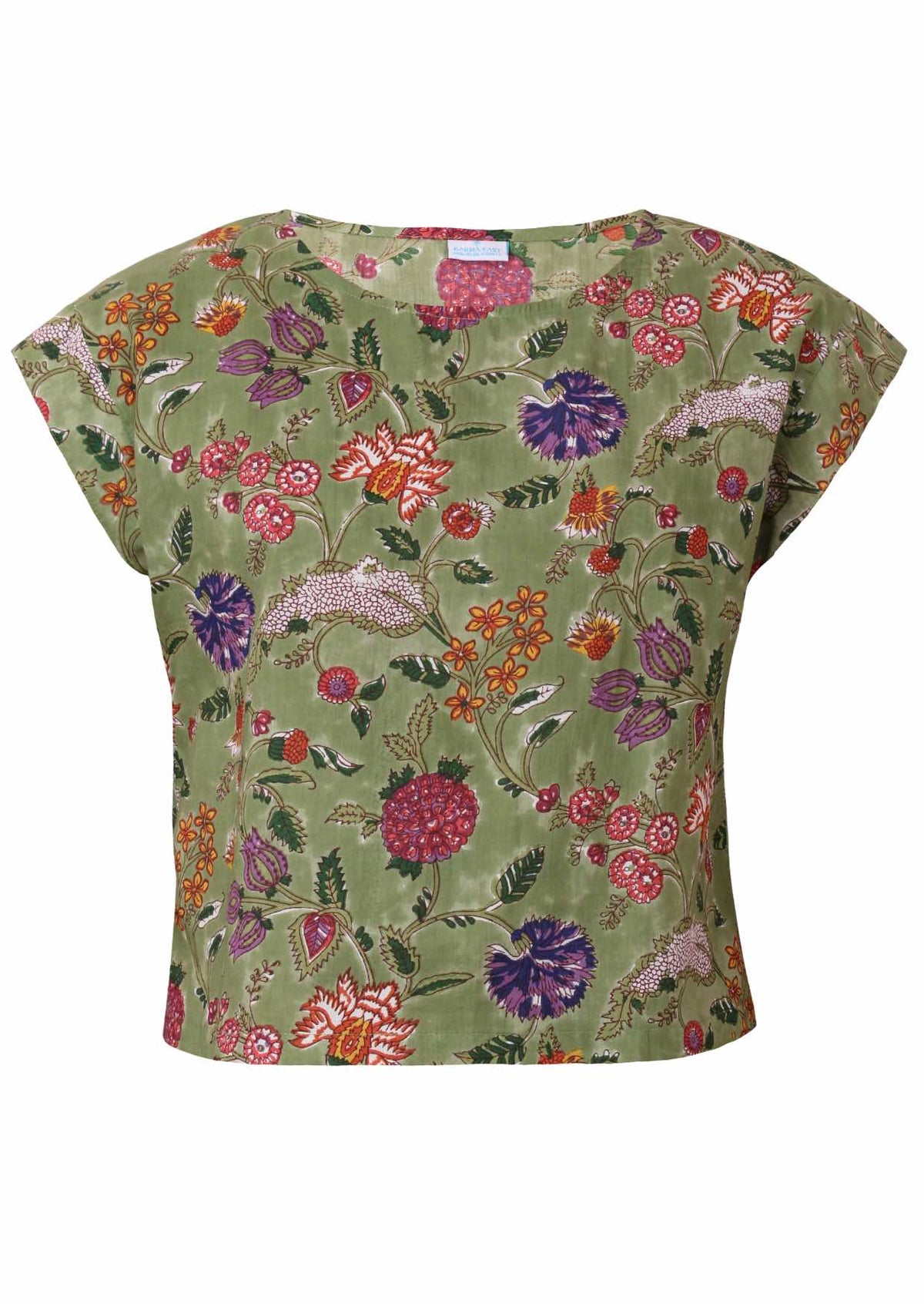 Green based multi-coloured folk style floral print cotton top with round neck.