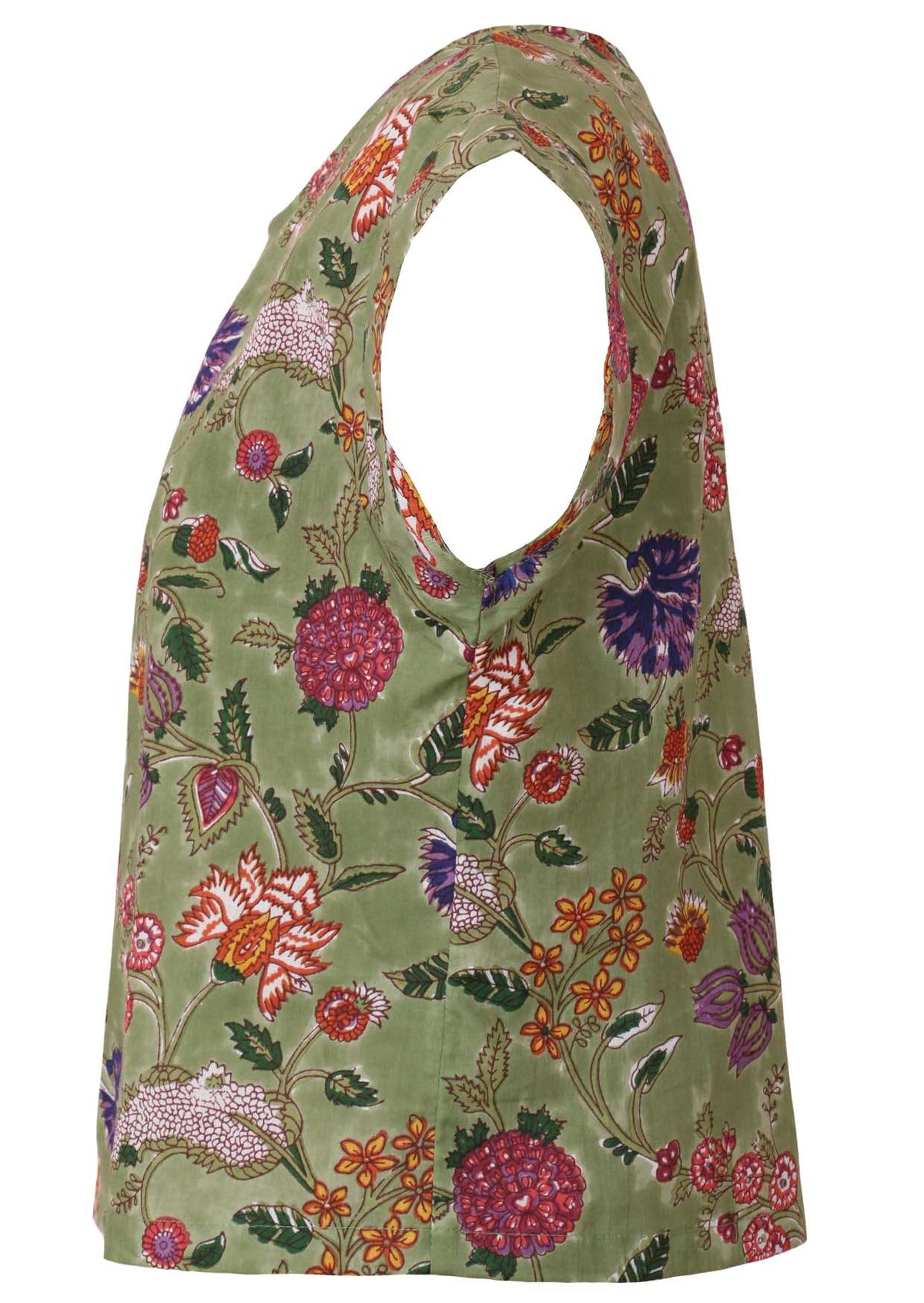 Green based multi-coloured folk style floral print cotton top on a white background.