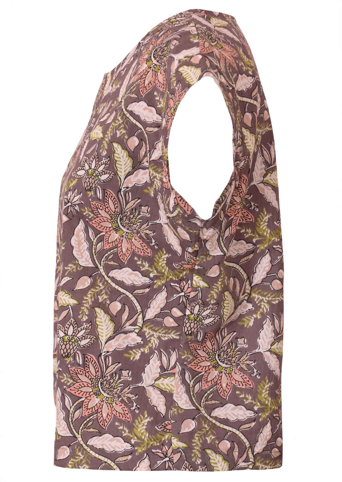 Side view of 100% cotton relaxed fit cap sleeve top in delicate beige, coral pink and lime green florals on taupe base