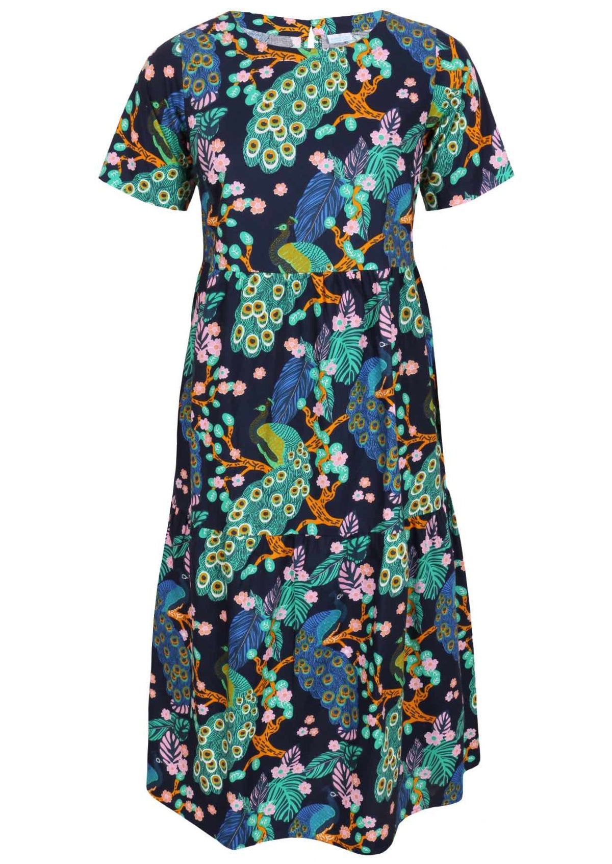 100% cotton midi length dress with short sleeves, high round neckline and three tiered skirt