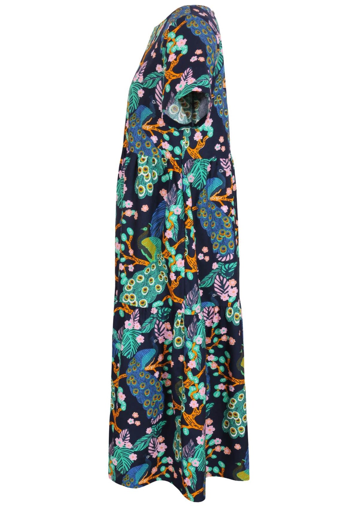 Side view of cotton short sleeved midi length dress with empire waist and tiered dress