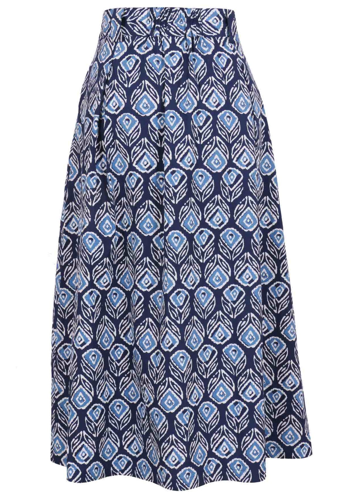 Floral printed knee length cotton skirt with belt loops and elastic at back of the waist