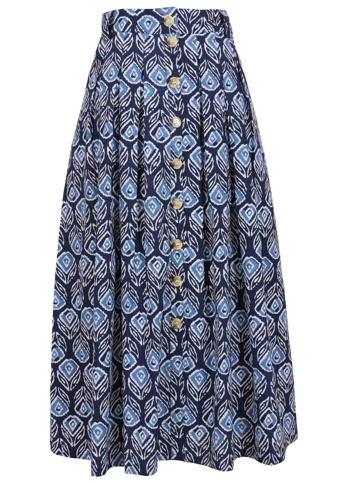 100% cotton knee length button through skirt with box pleats and belt loops in navy blue based floral print