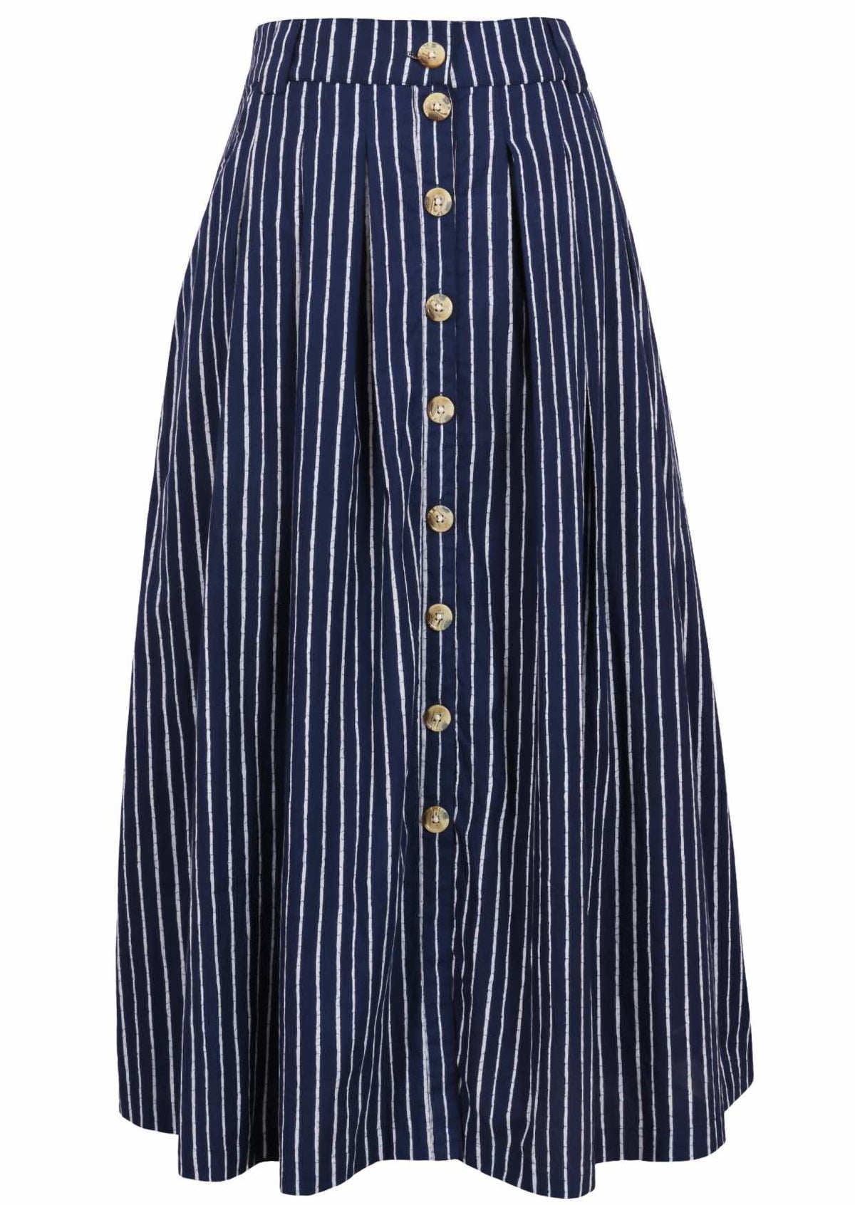 100% cotton knee length button through skirt with box pleats and belt loops in navy based white striped print