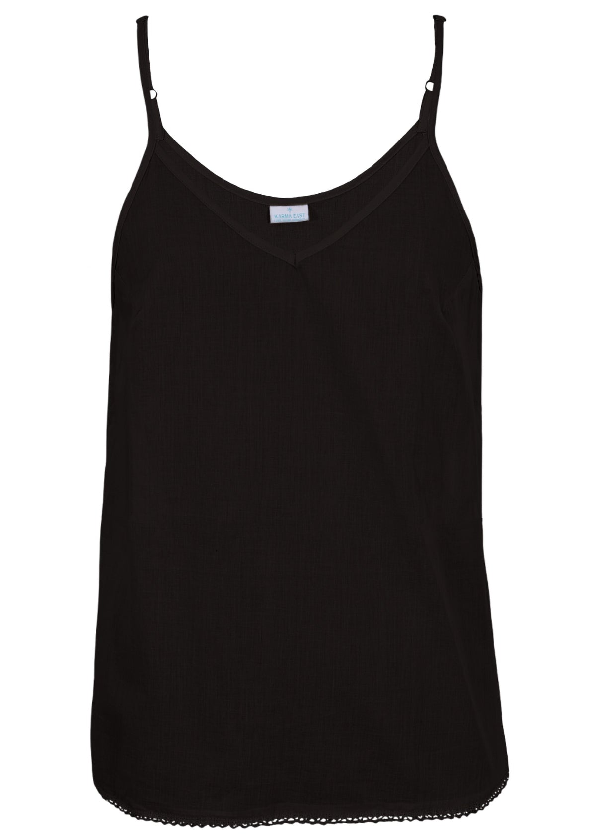 Black cotton camisole top with adjustable spaghetti straps, a V-neckline and picot trim, front view
