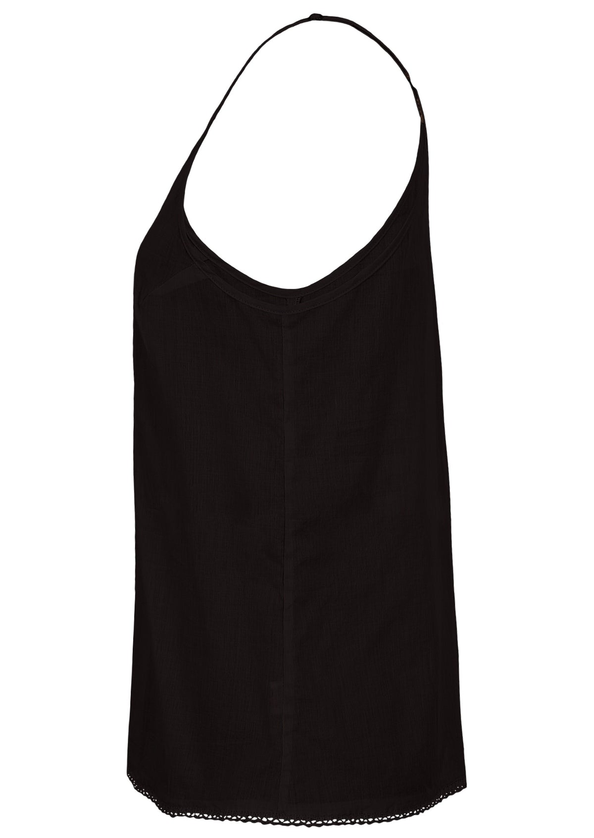 Black cotton camisole top with adjustable spaghetti straps, a V-neckline and picot trim, side view