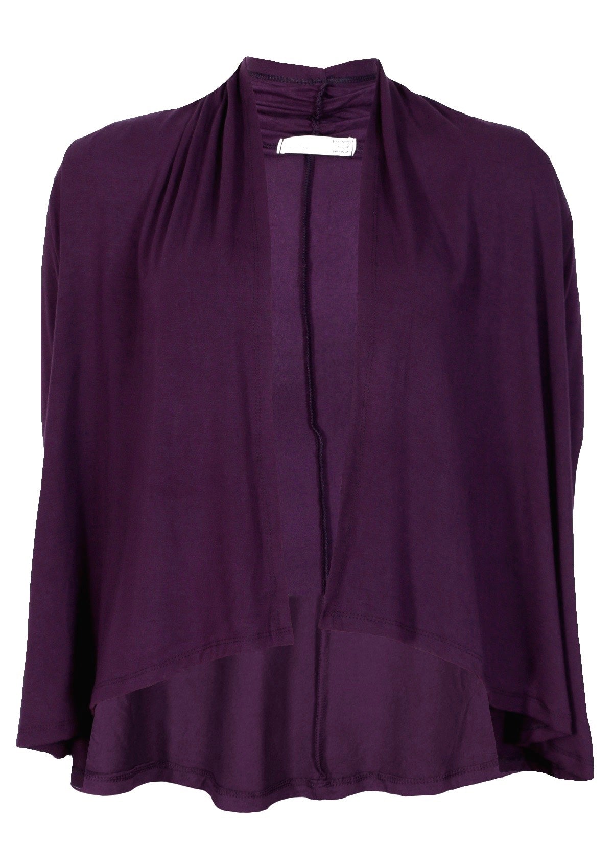 Long sleeve stretch rayon cardi in dark purple, with waterfall front hem