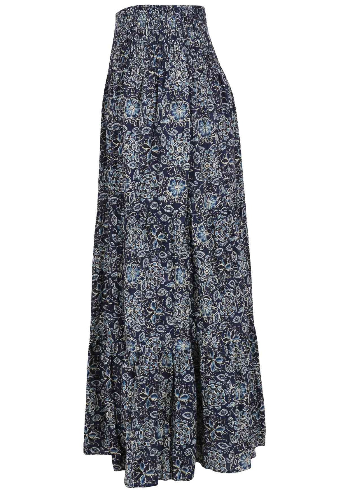 Navy blue based floral print, 100% cotton skirt.