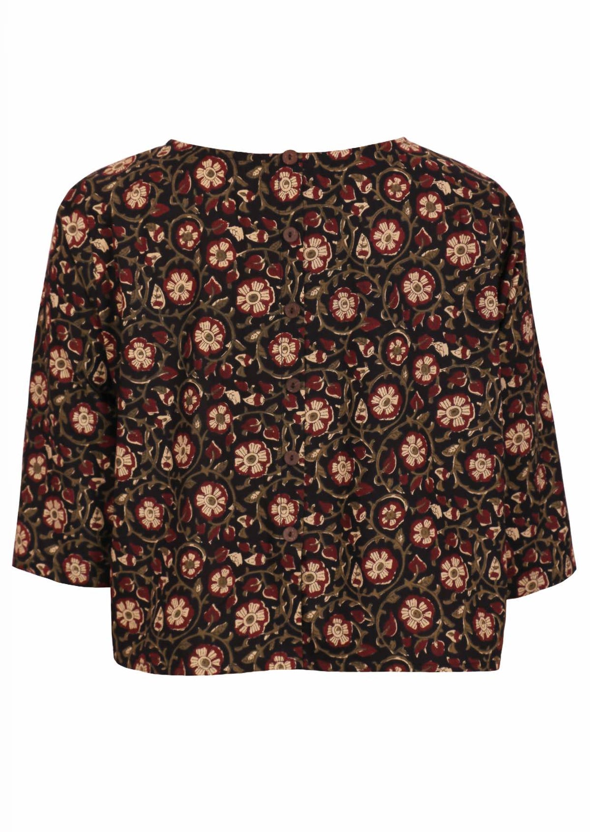 Loose fit, boxy cotton top with 3/4 sleeves and decorative buttons down at the center of the back.