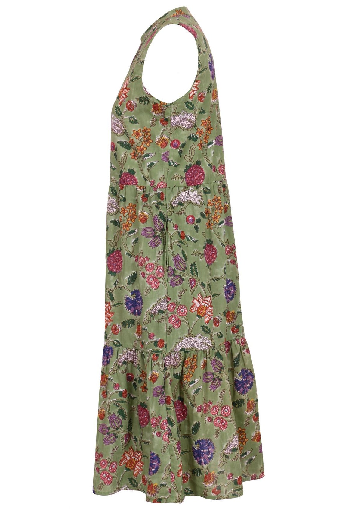 Green based multi-coloured folk art style florals cotton dress on a white background.