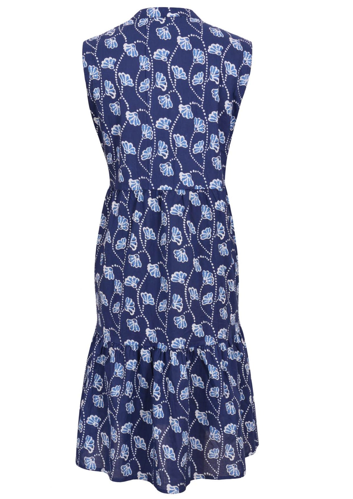 Back view of sleeveless, below knee length cotton dress with two tiered skirt in navy blue based floral print