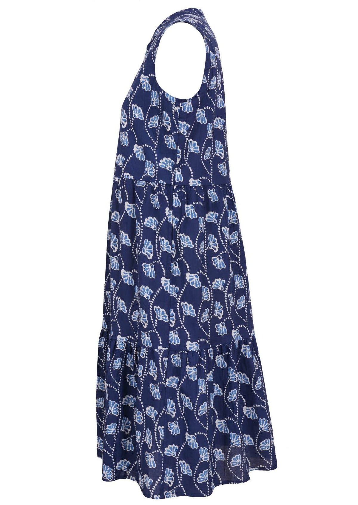 Relaxed fit sleeveless cotton dress with buttoned bodice, pockets and flowy two tiered skirt