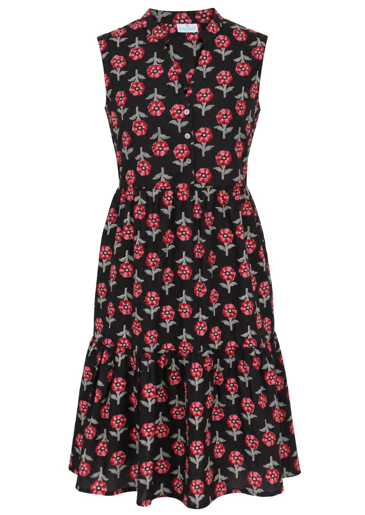 100% cotton sleeveless black based floral print dress with buttoned bodice, mandarin collar and two tiered skirt