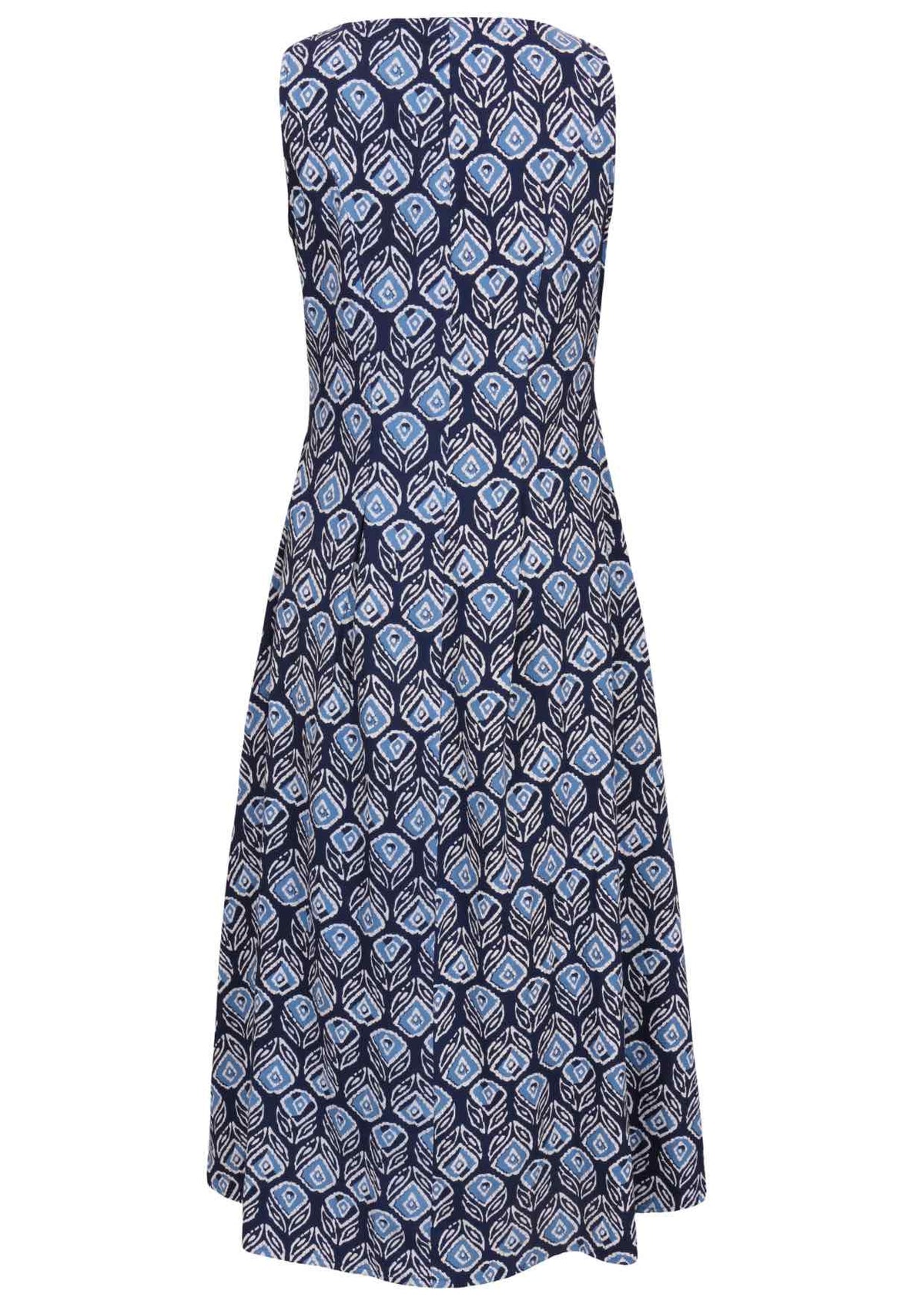Back view of sleeveless cotton maxi dress in a navy based floral print with a high neckline
