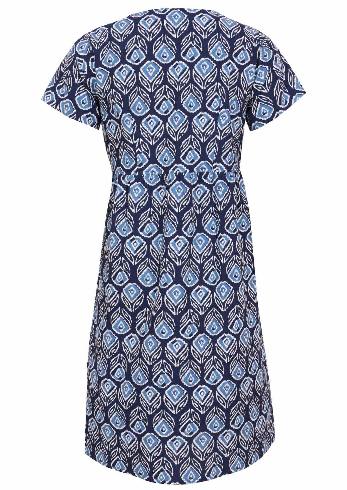 Back image of relaxed fit, 100% cotton dress in navy blue based floral print.