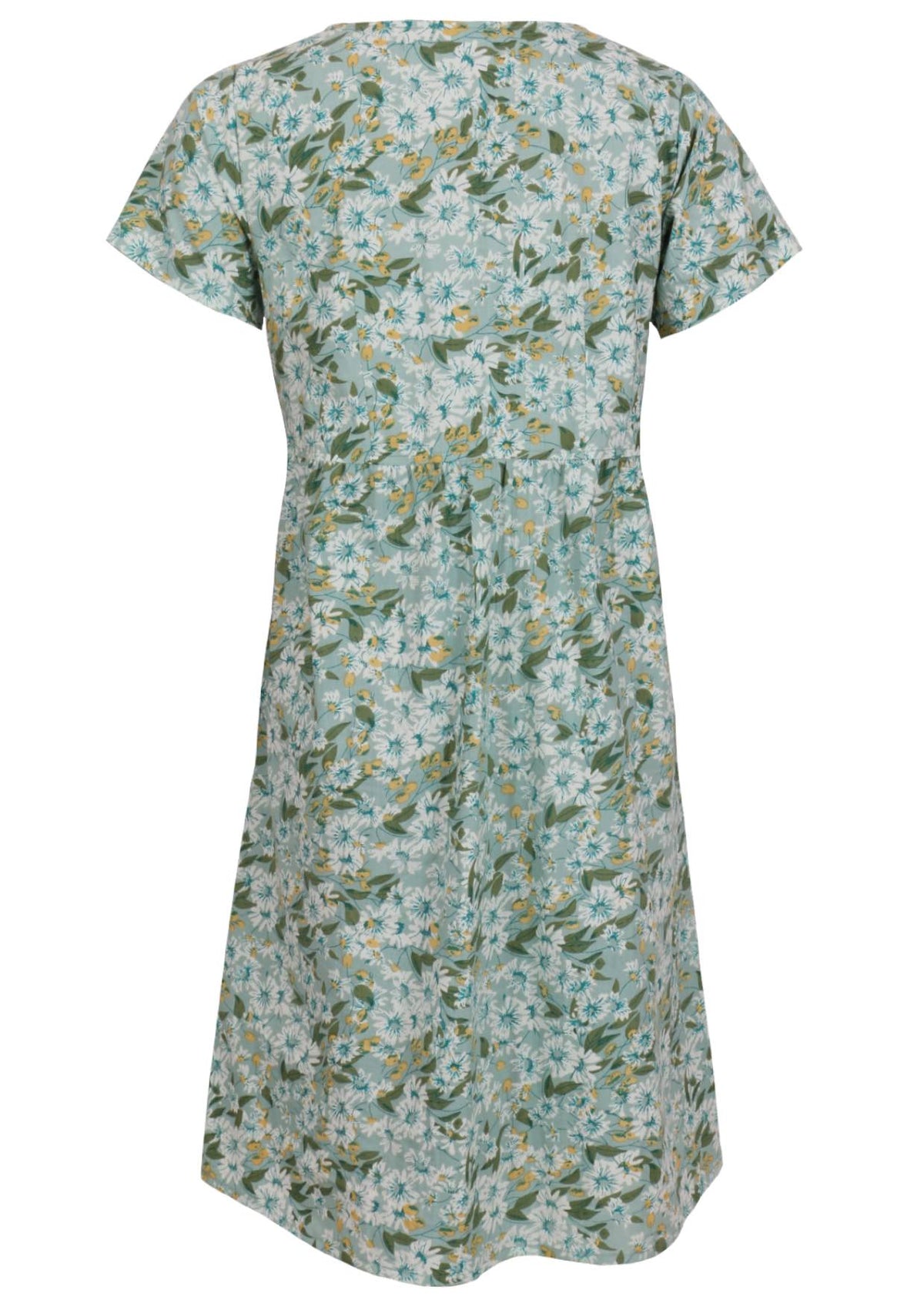Back image of relaxed fit, 100% cotton dress in sage green based floral print.