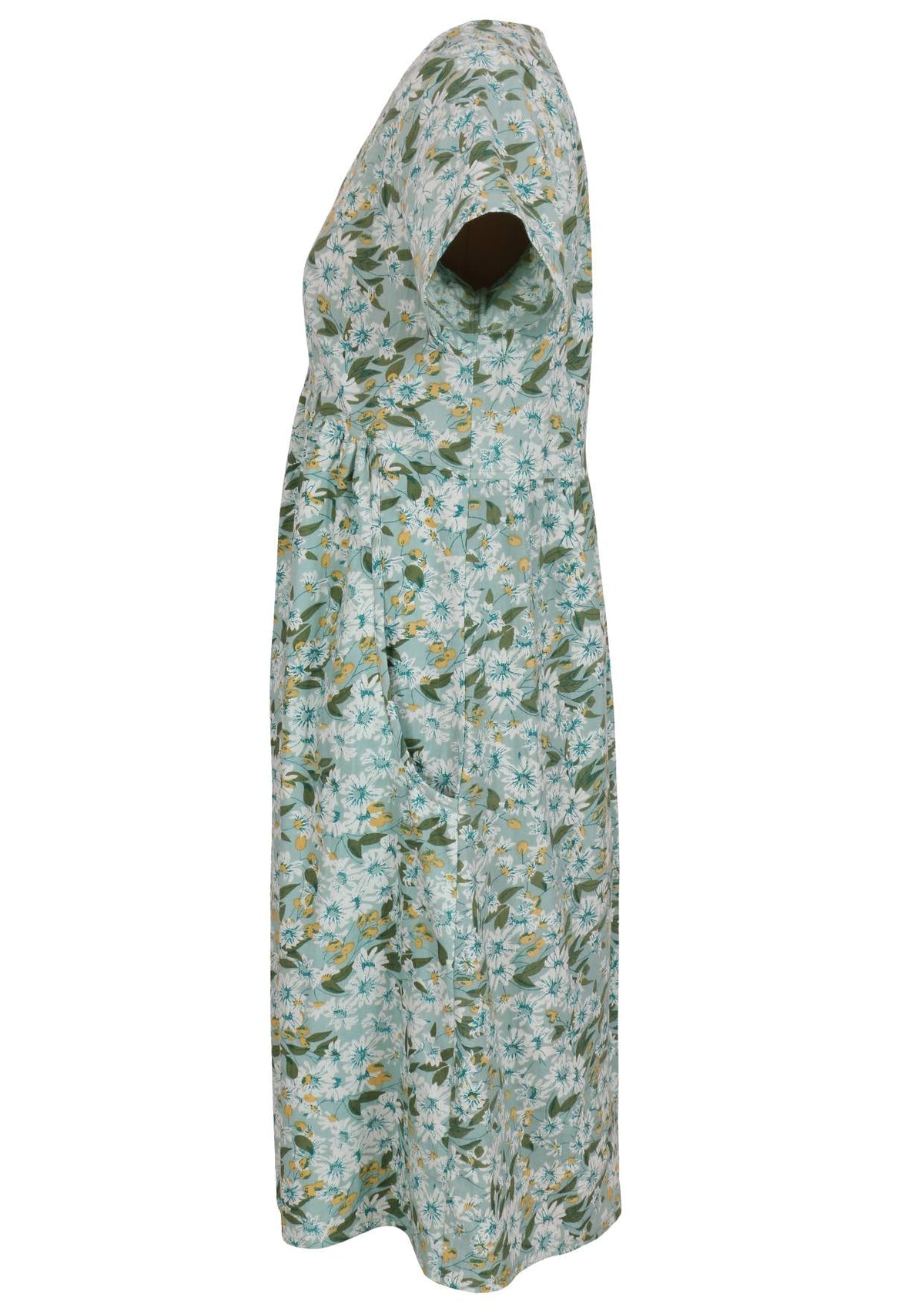 Side image short sleeved dress with pockets and V neckline.