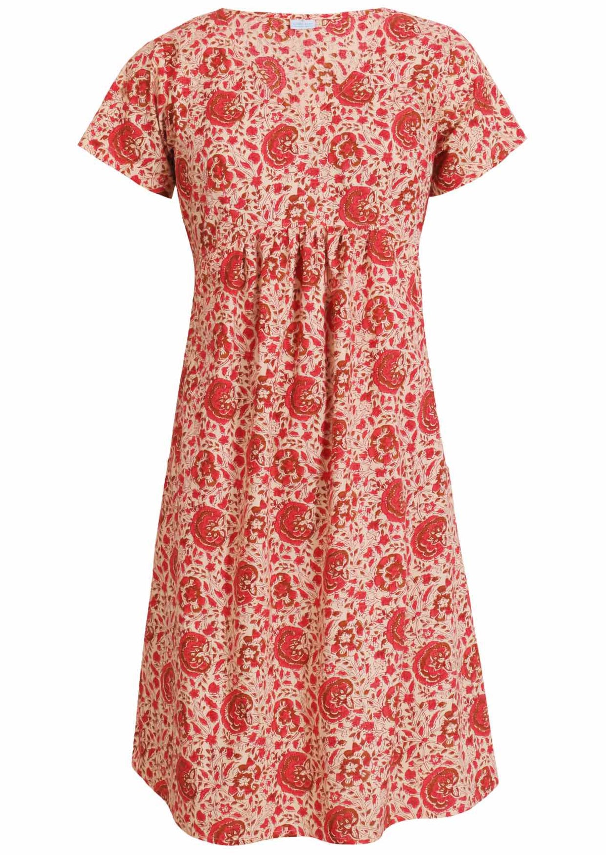 100% cotton, short sleeve dress with V neckline in cream based floral print.