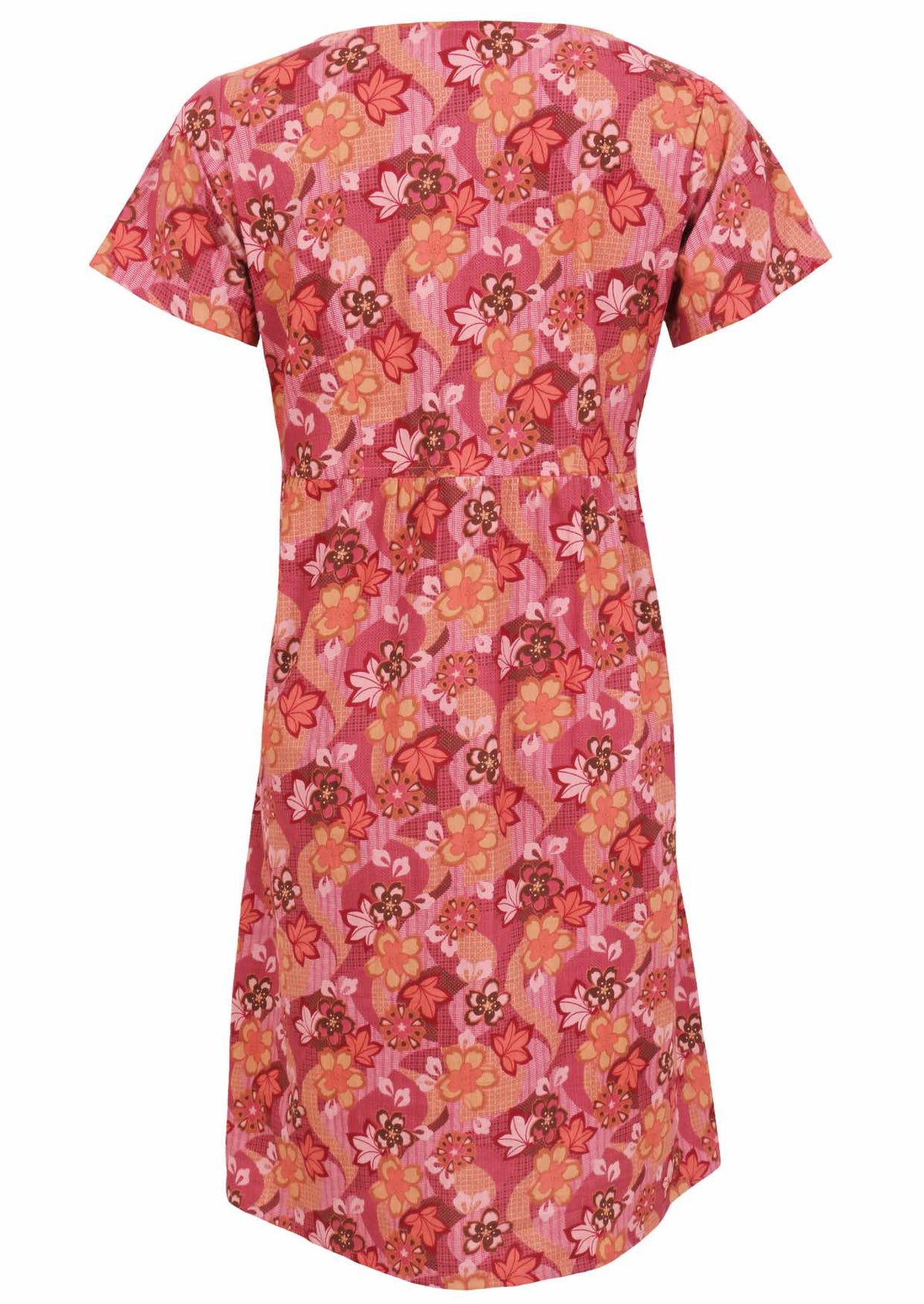 Back image of relaxed fit, 100% cotton dress in warm toned Japanese style print